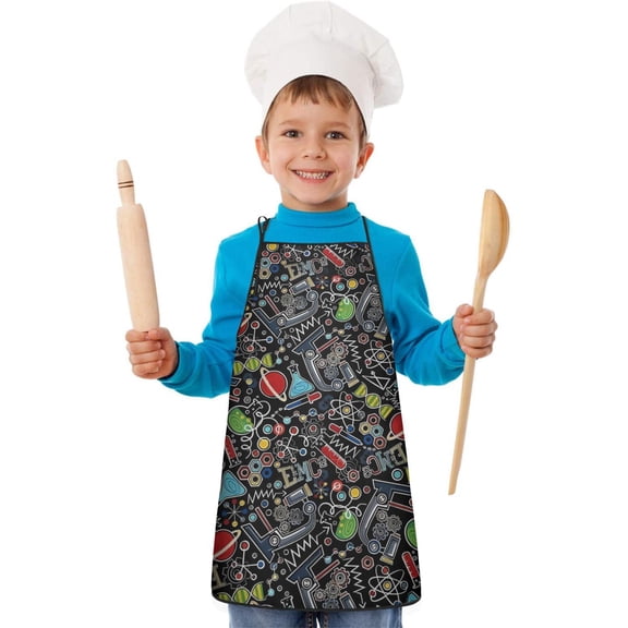 Math Equations Science Icons Black Pattern Kids Aprons for Girls and Boys,Adjustable Neck Strap Toddler Aprons for Kids Cooking Baking