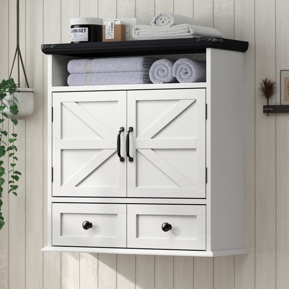 IFMUST Farmhouse Bathroom Wall Cabinet, 24" Rustic Medicine Cabinet with Double Barn Doors, Open Shelves, Drawer & Adjustable Shelving, Wall Mount for Bathroom, Kitchen, Living Room