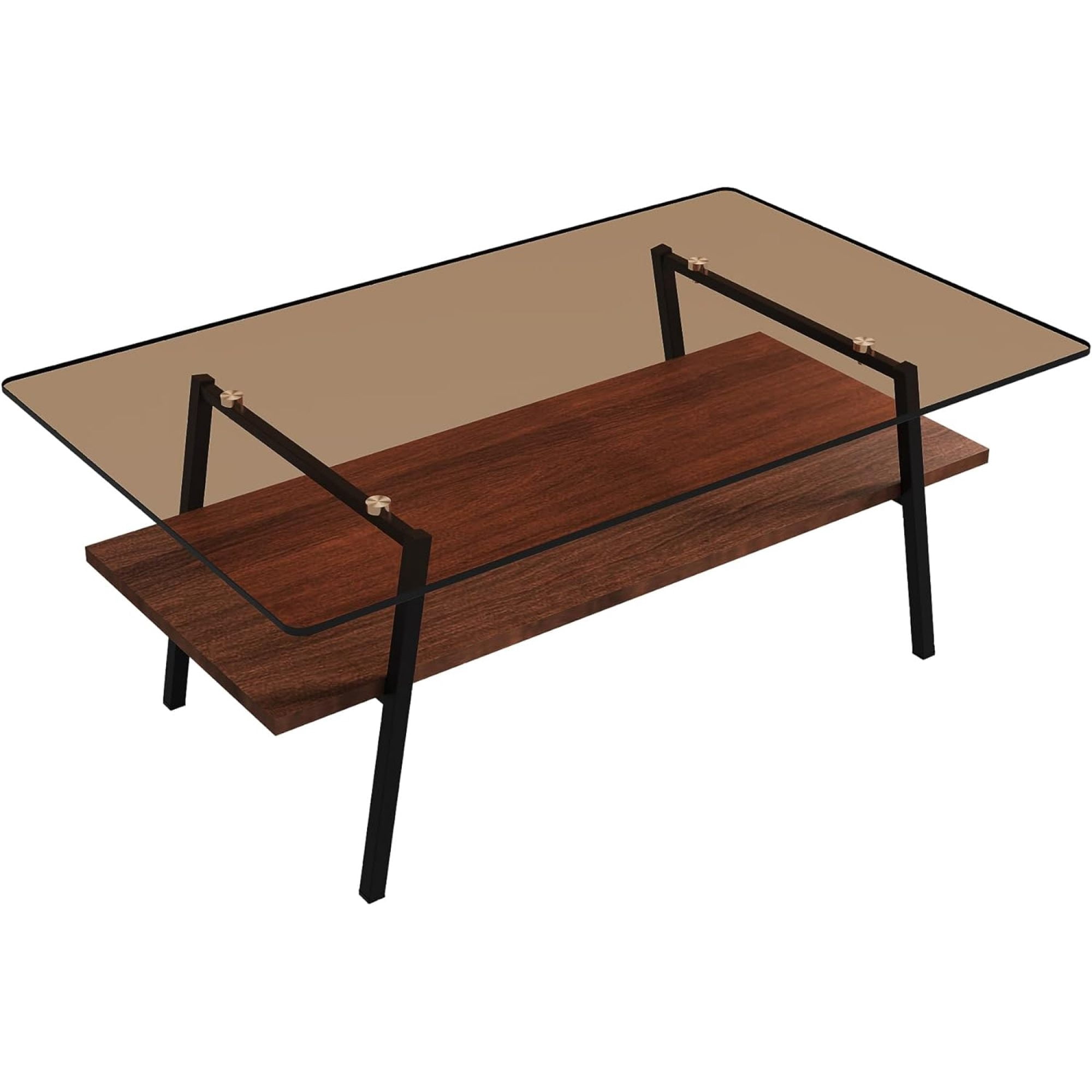 BJSN Glass Coffee Table for Living Room Small Gold Mid Century Coffee Table for Living Room with Wood Shelves (Black Frame, Transparent Glass   Brown Wood),Brown Glass   Brown Wood