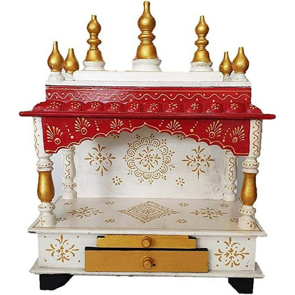 Mereappne Beautiful Wooden Temple Pooja Mandir for Office & Home for Size L- 15 X W- 8 X H-18 Inches Red & White