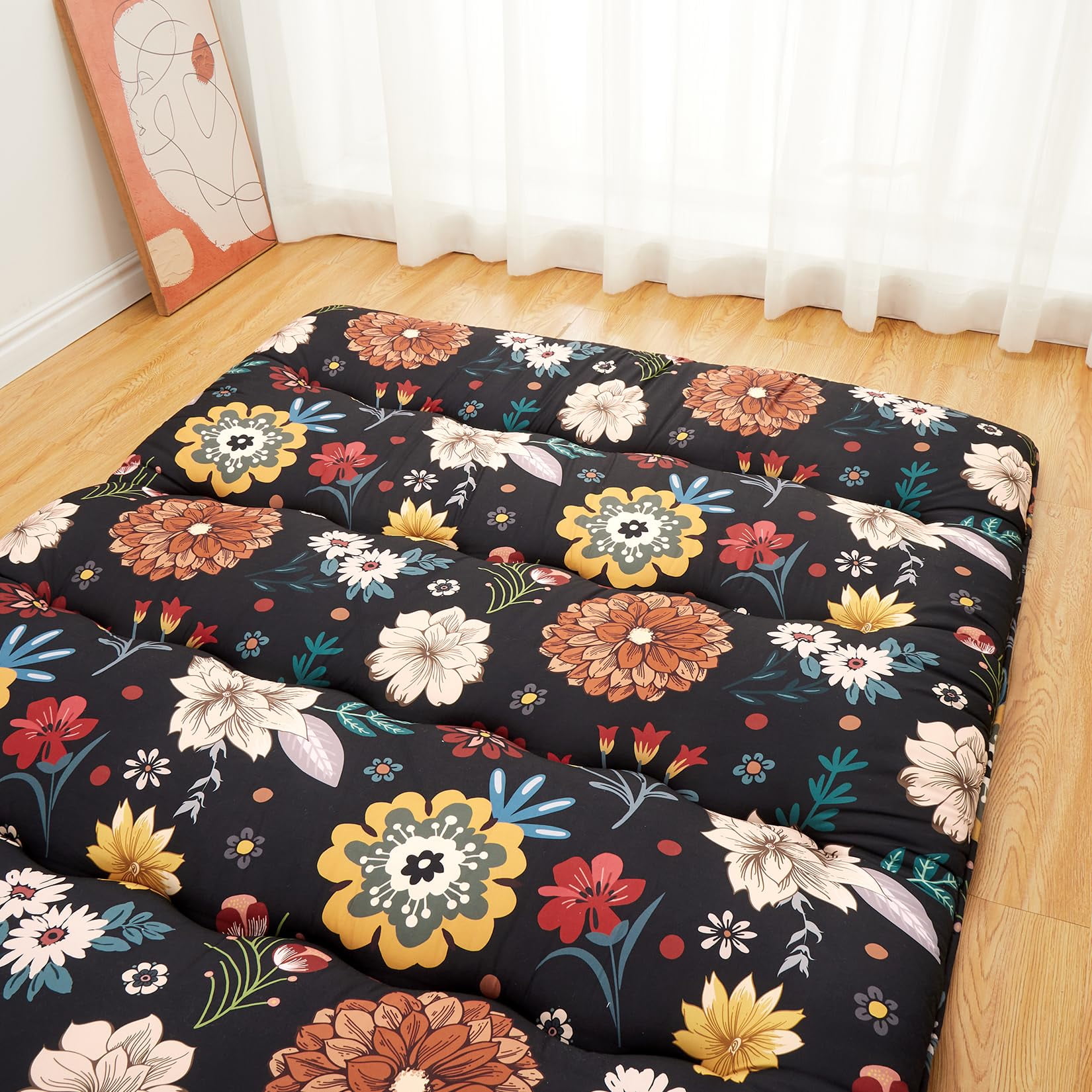 Ataucjin Twin Size Japanese Futon Floor Mattress, 3 Inch Thick Floral Tatami Mat, Foldable Portable Sleeping Mattress, Modern Floor Bed for Living Room, Guest Room, Camping