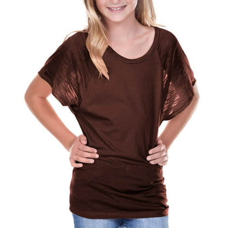 Girls Square Neck - Kavio! Big Girls 7-16 Scoop Neck Contrast Raglan Dolman Short Sleeve Coffee L