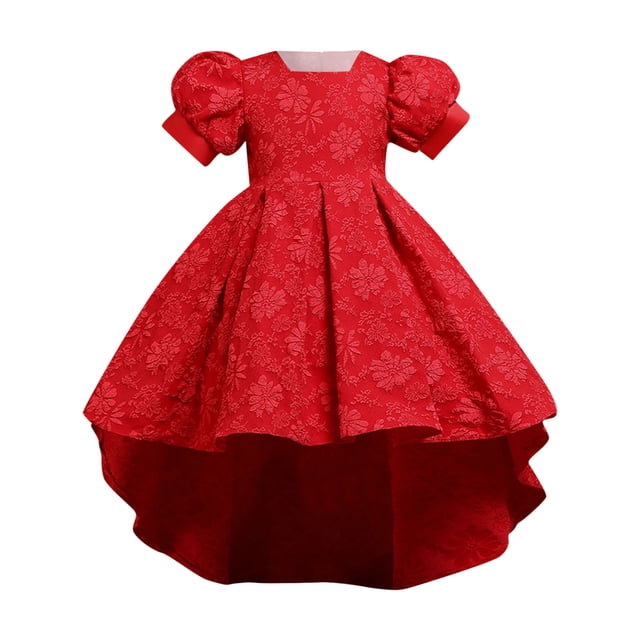 Icvfdpl Robes pour Fillettes Manches Courtes Princesse Fleur Mariage Vêtements Enfants Rouge Coton 3-4 Ans