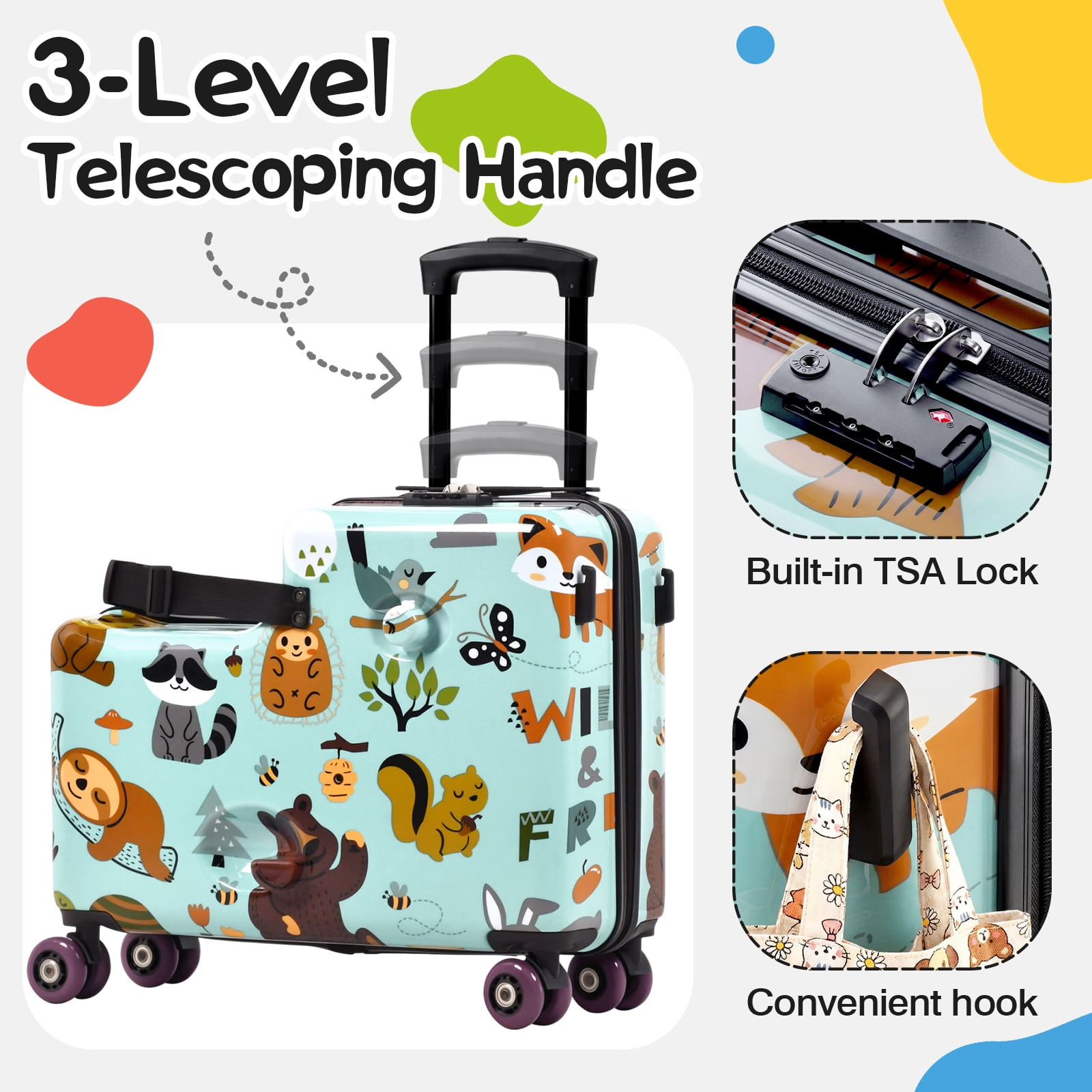 Advwin Kids Ride-On Luggage with Safety Belt, TSA Lock & Footrest, Hardside Spinner Travel Suitcase for Children, Green Wildlife Theme
