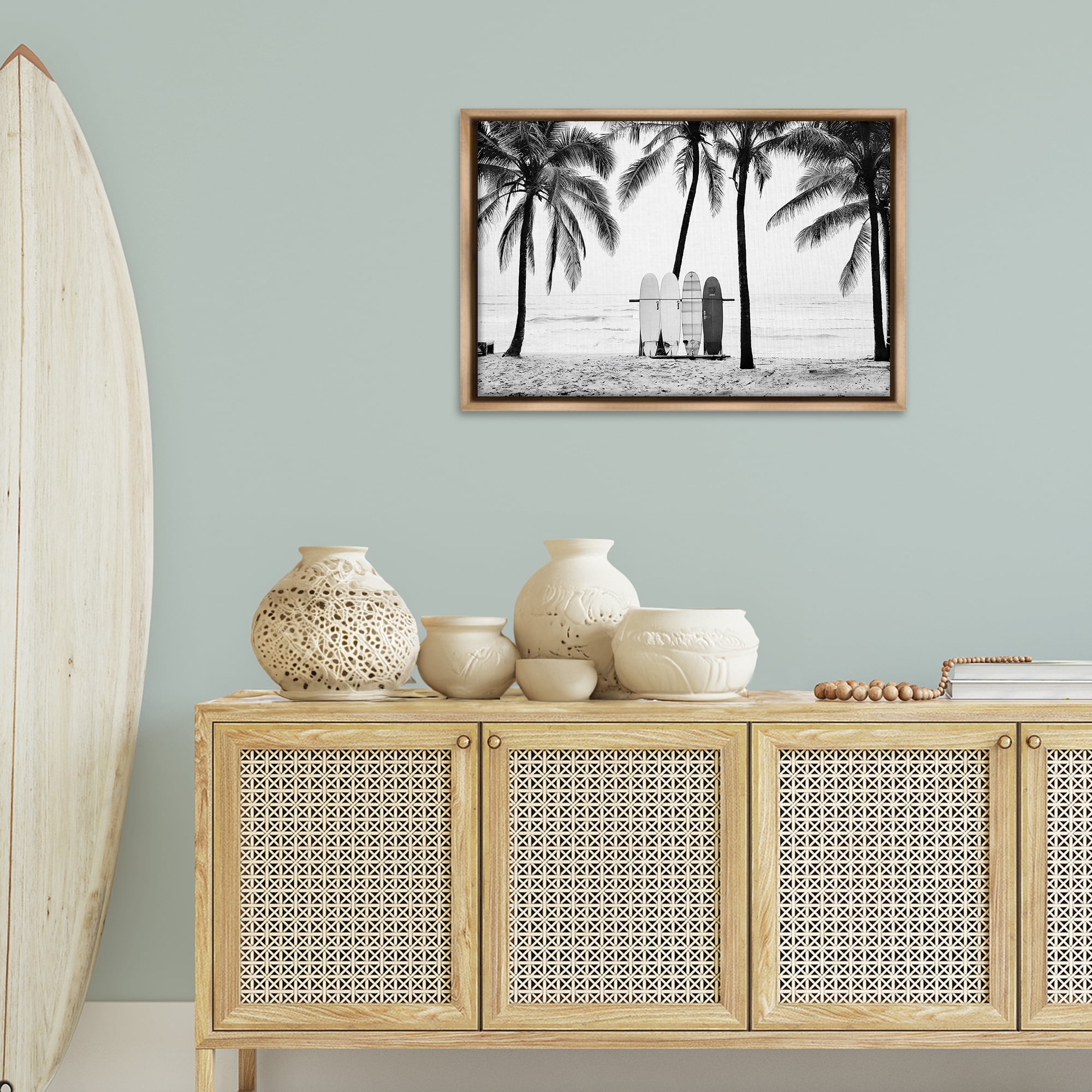 Stupell Industries Centered Surf Boards View Nautical & Beach Photography Brown Floater Framed Canvas Art Print Wall Art, 31 x 21