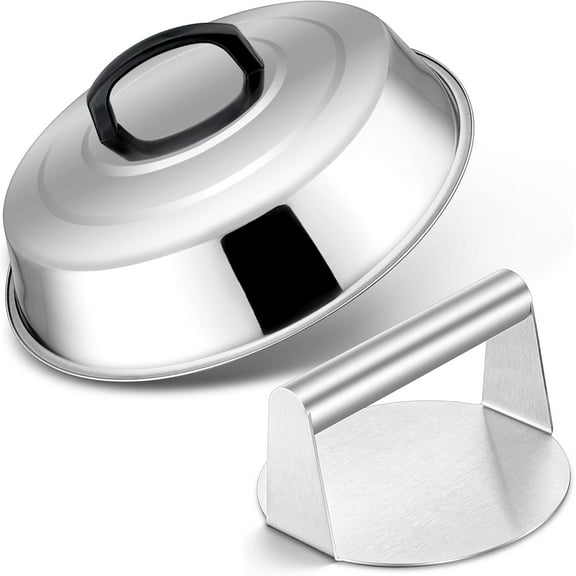 12In Cheese Melting Dome & 5.5In Bacon Press, Stainless Steel Round Basting Cover, Smash Metal Burger Griddle Grill Press Weight for Teppanyaki Flat Top Iron Skillet Cooking, Dishwasher Safe