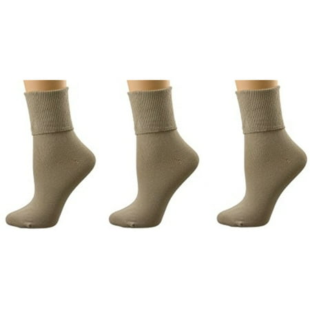 Down Cuff Socks Sierra Socks Women's 3 Pair Pack Pima Cotton Turn Cuff or Crew Length Seamless Toe Socks (Khaki) ()