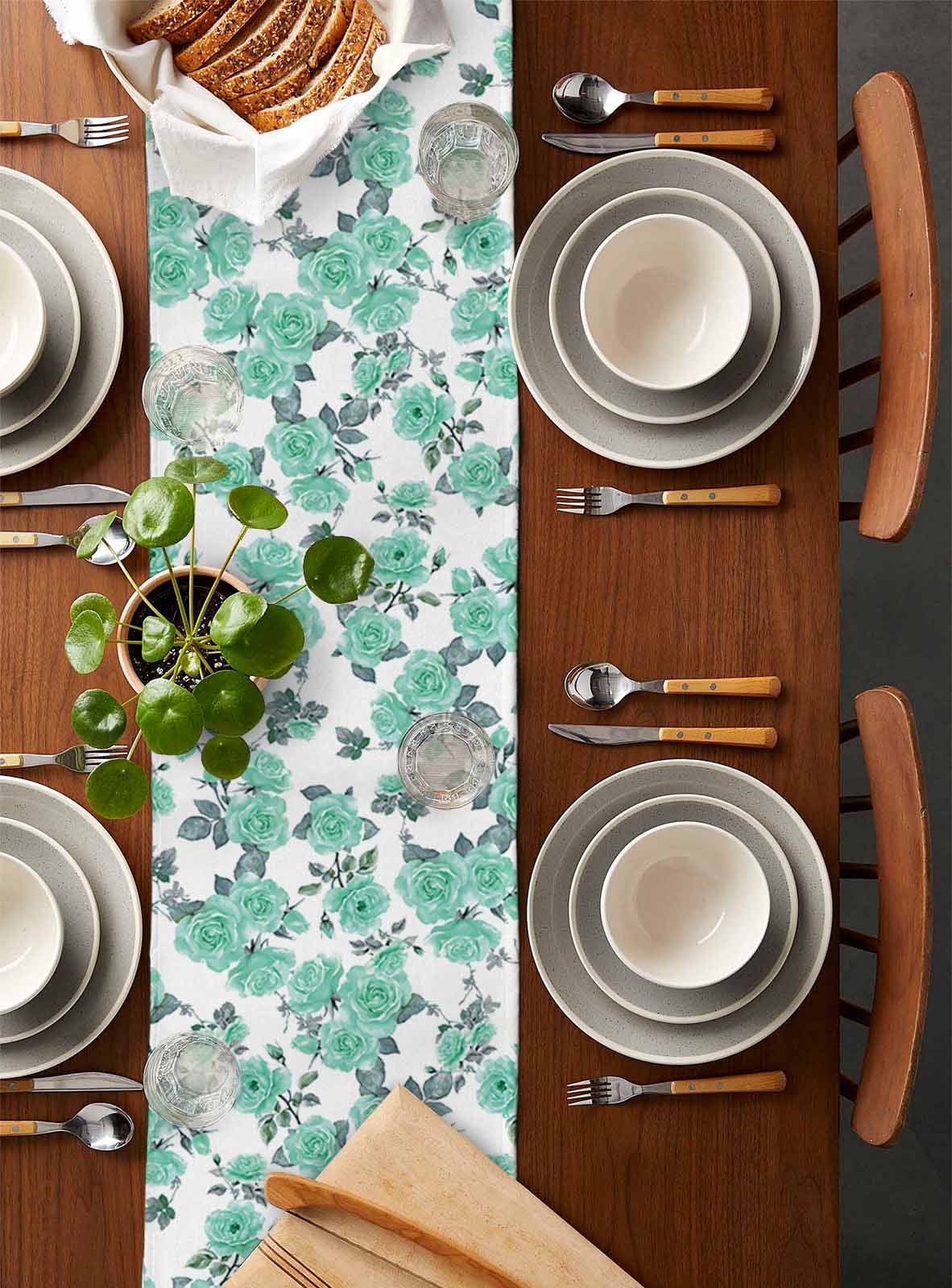 Green Floral Table Runner Cotton Linen 48 Inch Holiday Dresser Scarves, Farmhouse Garden Flowers Botanical Tablerunner for Kitchen Coffee Dining Bedroom Home Living Room Dinner Scarf Décor 13''x48''