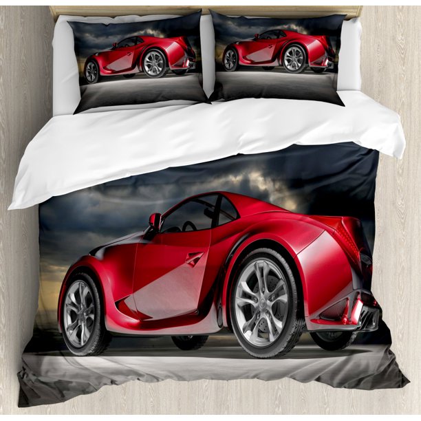 Cars Duvet Cover Set, Modern Red Sports Car on Dramatic Sky Backdrop