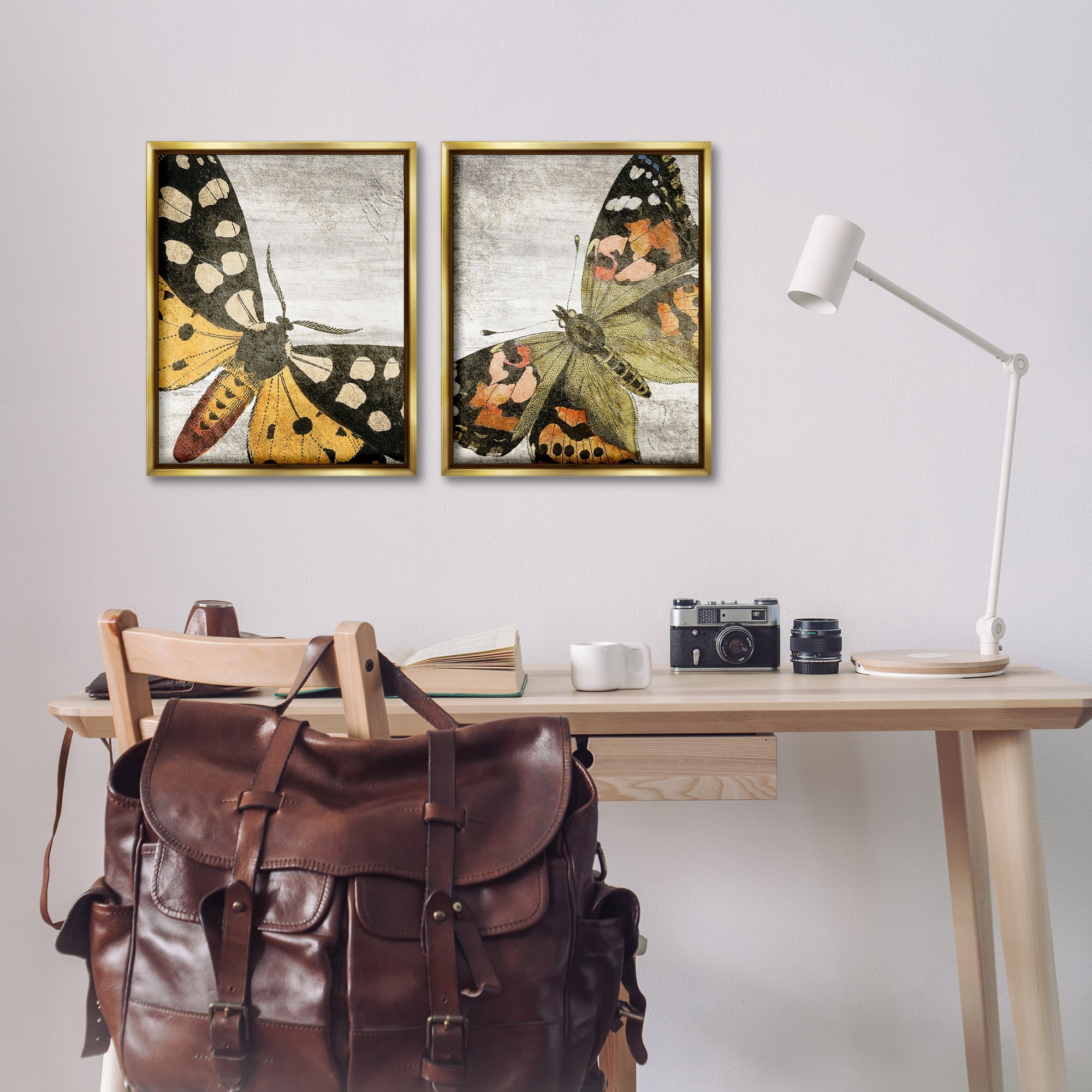 Stupell Industries Vintage Spotted butterflies Animals Painting Gold Floater Framed Canvas Art Print Wall Art, 17 x 21, Set of 2