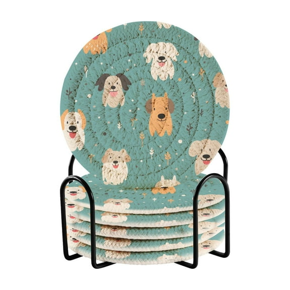 Dogs Head Spots 6 Pcs Drink Coasters with Holder Absorbent Coasters Woven Coasters for Drinks Table Desk Protection Home Decor