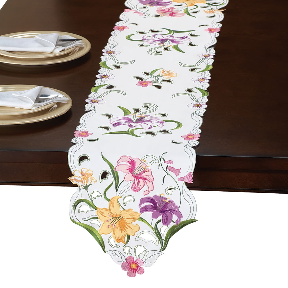 Collections Etc Floral Spring Table Linens, Embroidered Garden Lilies