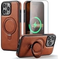 thumbnail image 1 of wonima11 Compatible with iPhone 14 Pro Max Case with Stand, Compatible with MagSafe, Slim PU Leather & Durable TPU Protective Cover Drop-Proof with Tempered Glass Screen Protector 6.7", Brown, 1 of 1