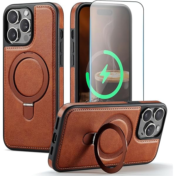wonima11 Compatible with iPhone 14 Pro Max Case with Stand, Compatible with MagSafe, Slim PU Leather & Durable TPU Protective Cover Drop-Proof with Tempered Glass Screen Protector 6.7", Brown