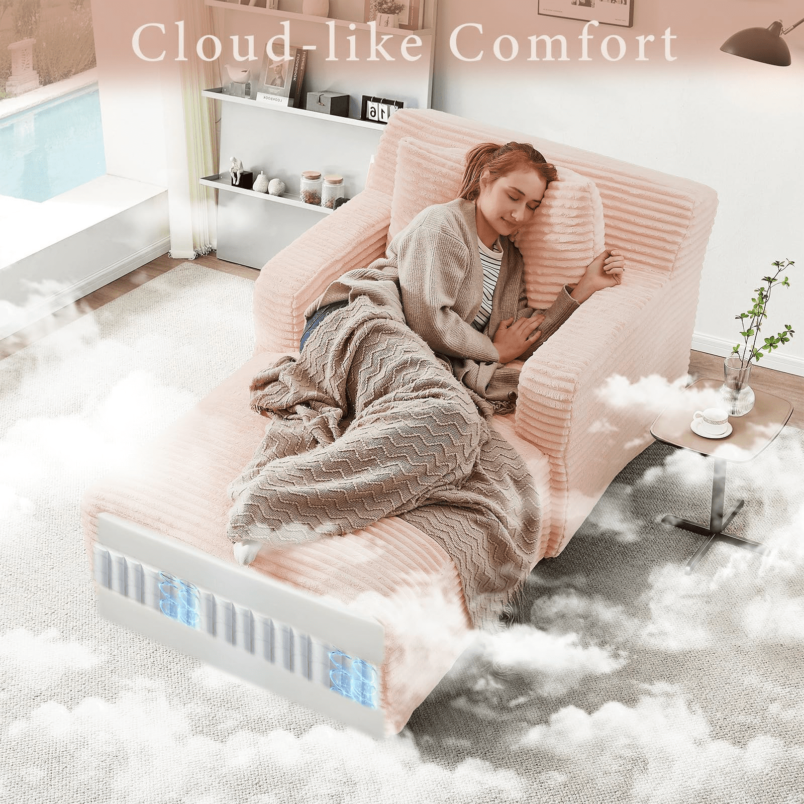 GNIXUU 65.4" Oversized Chaise Lounge Chair Indoor, Modern Corduroy Couch, Comfy Upholstered Boneless Sleeper Sofa with 3 Throw Pillows, Fluffy Reading Chairs Bed for Living Room,Pink