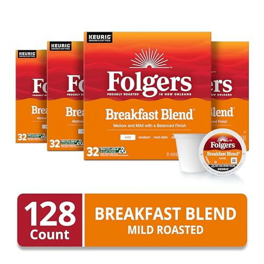 Folgers Breakfast Blend Mild Roast Coffee, 128 Keurig K-Cup Pods