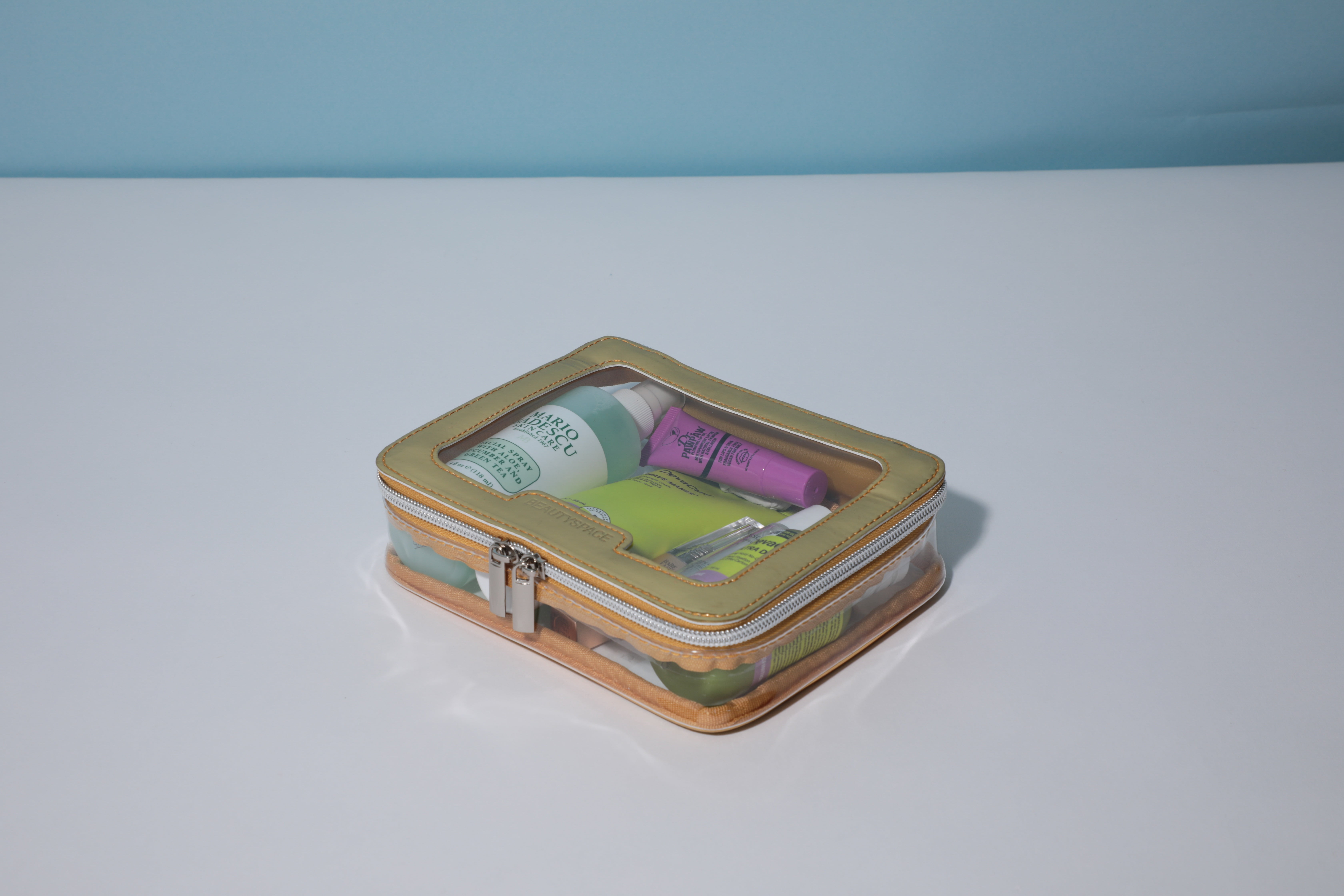 BEAUTYSPACE Gold Color Piped Clear Travel Bag