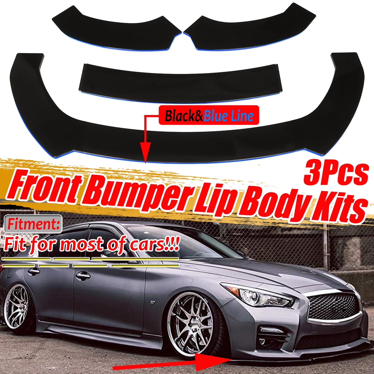 3Pcs Front Bumper Lip Body Kit Spoiler, Easy install and durable use