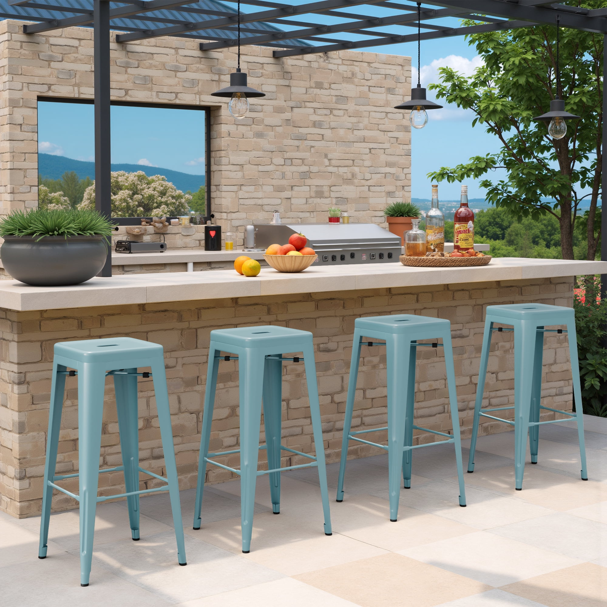VINEEGO 30 inches Metal Bar Stools High Backless Stackable Stools Indoor-Outdoor Counter Stools Set of 4 (Blue))