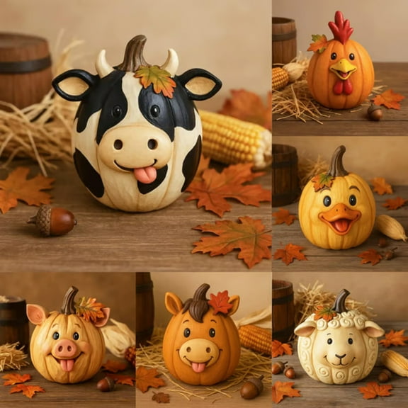 BiFandian Vintage Farm Pumpkin Decorations, Resin Pumpkin Statue Cute Animals Ornaments, Suitable for Porch Garden Yard Indoor Tabletop, Halloween Thanksgiving Decorations