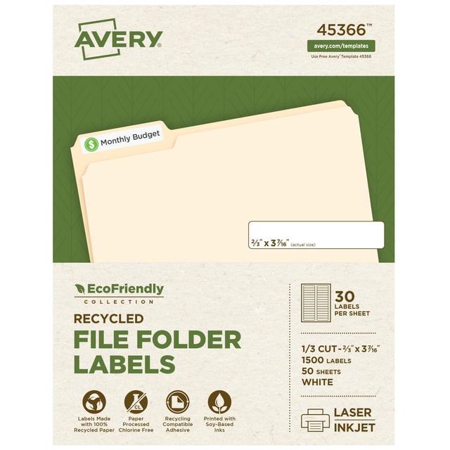 Etiquetas para carpetas de archivos Avery EcoFriendly 1500 imprimibles