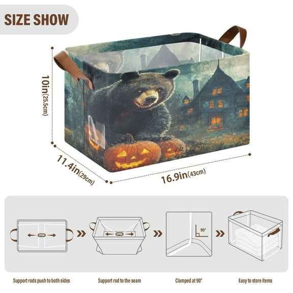 BZSMCE Collapsible Fabric Cube Storage Bins Black Bear and Pumpkin Design Pattern Storage Box