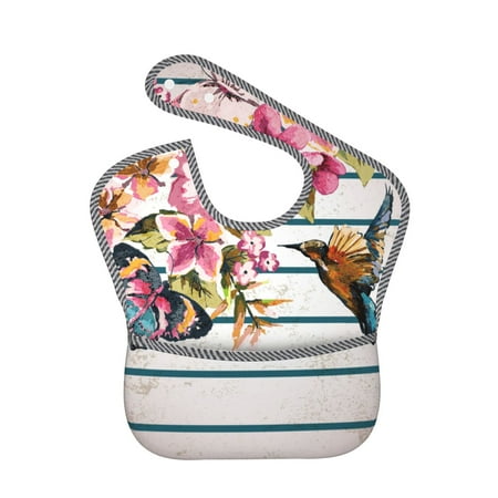 Bingfone Mess-Proof Baby Bib - Waterproof Bib For Baby Boy Or Girl With Food Catcher Pocket, Unisex-Bird And Floral