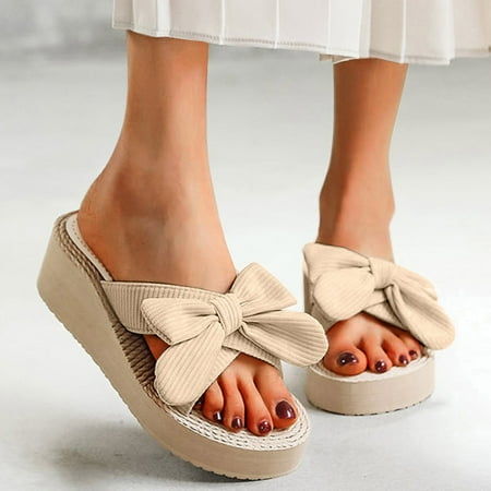 

PhoneSoap Fashion Spring And Summer Casual Bow Sandals Beach Wedge Slippers Beige