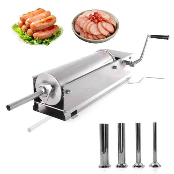 Hakka 15 Lb/7 L Horizontal Sausage Stuffer, Stainless Steel 2-Speed Manual Meat Filler with 4 Stuffing Nozzle