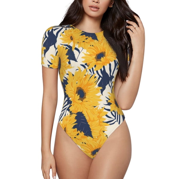 Fotbe Blue Striped Sunflower Body de Mujer con Cuello Redondo y Mangas Cortas, Sin Mangas Ajustado, Suave, Cómodo y Básico-Small