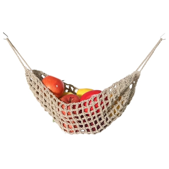 Cotton Rope Fruit Hammock Under Cabinet, Hand-Woven Macrame Vegetable Hanging Storage Basket for Kitchen, Space Saving produce organizer Khaki 27" X 9"