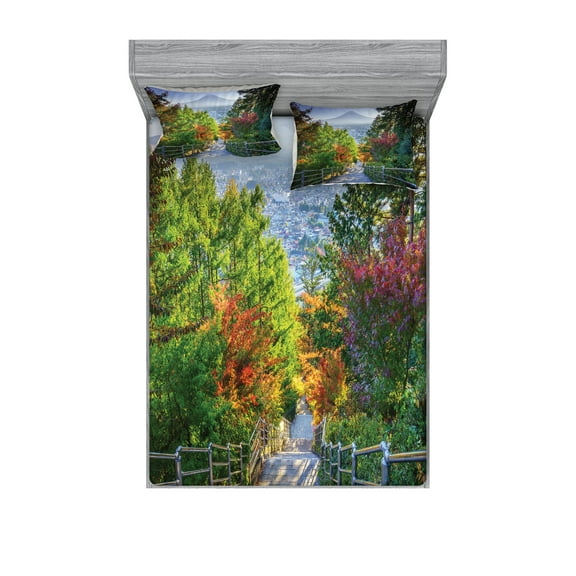 Ambesonne Nature Fitted Sheet & Pillow Sham Set, Sakura Garden, Queen, Green Grey