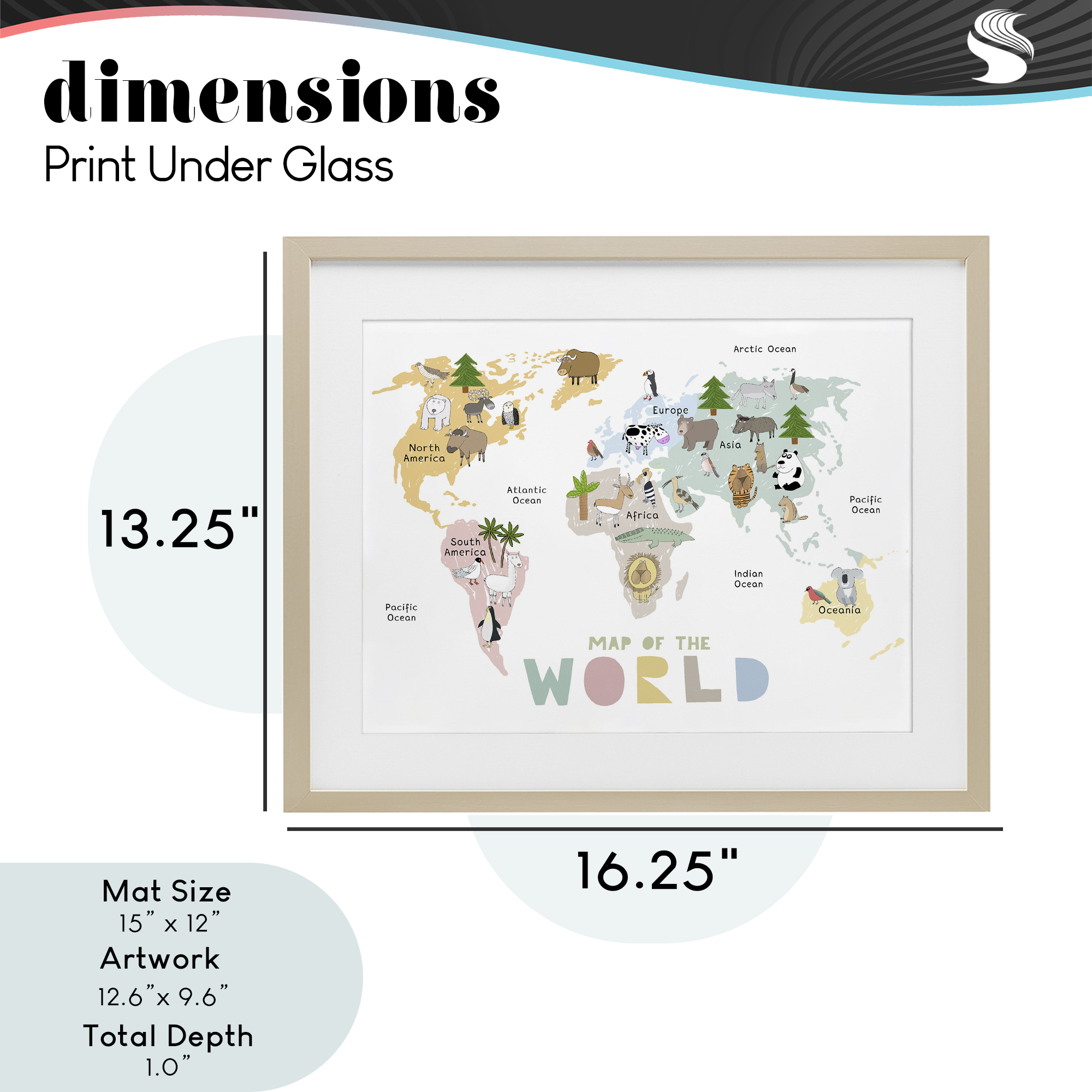 Map Of World Pastel Animals Birch Framed Print Under Glass, design by Carla Daly