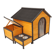 ZephyPaws 39" Large Wooden Dog House with Feeding Bowls and Storage Box, Indoor & Outdoor, Spacious Weatherproof Shelter, Natural
