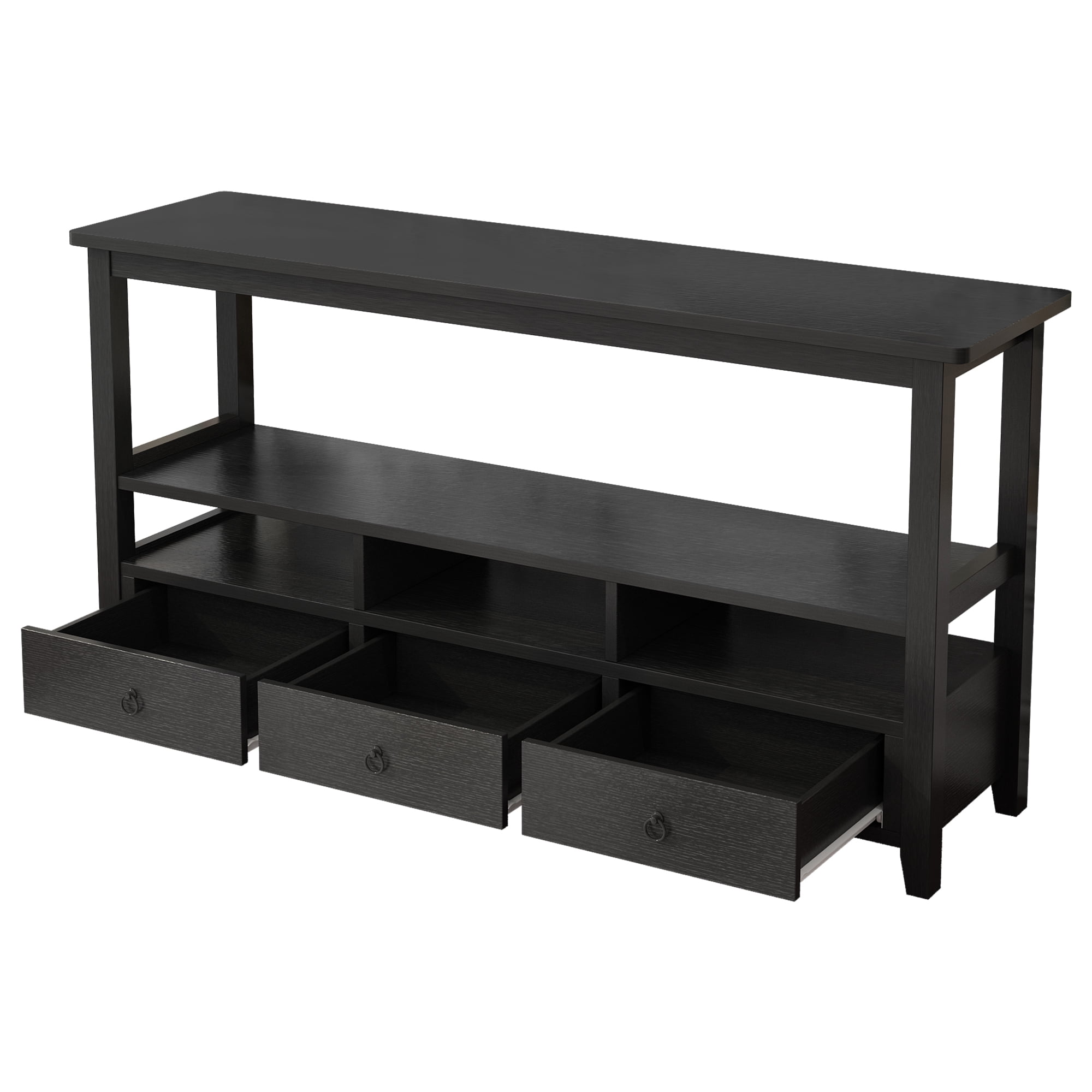 3-Tier Vintage Industrial Console Table with 3 Drawers, Black Wood Entryway Sofa Table for Living Room