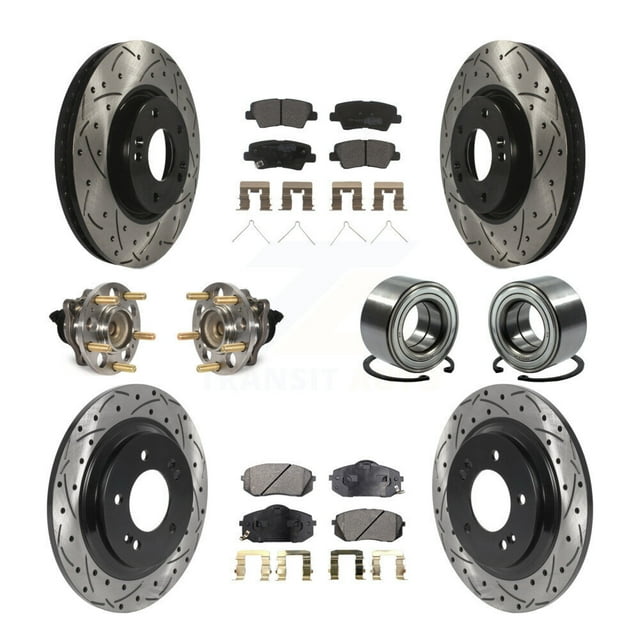 Transit Auto Front Rear Hub Bearing Assembly Coated Disc Brake Rotor and Semi-Metallic Pads Kit (10Pc) for Car 2016 Kia Soul EV From Chassis VIN #160921 - Left Right Side (Driver Passenger) KBB-117790