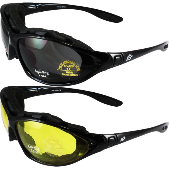 2 Pairs of Birdz Eyewear Thrasher Padded Motorcycle Glasses For Men & Women Convertible to Goggles Shatterproof Lenses A/F UV400 Scratch-Resistant Motorcycle Riding Glasses Black w/ Smoke, Yellow Lens