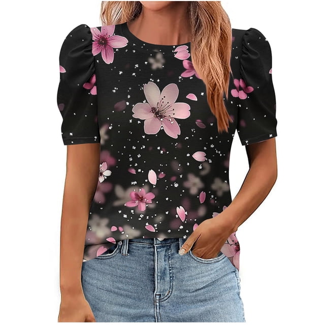 Amzcrzy Hauts pour Femmes Col Rond Manches Courtes Printemps Été Hauts Tendance Imprimé Floral Boho Hauts Décontractés Confortables Polyvalents pour Sortir T-Shirts