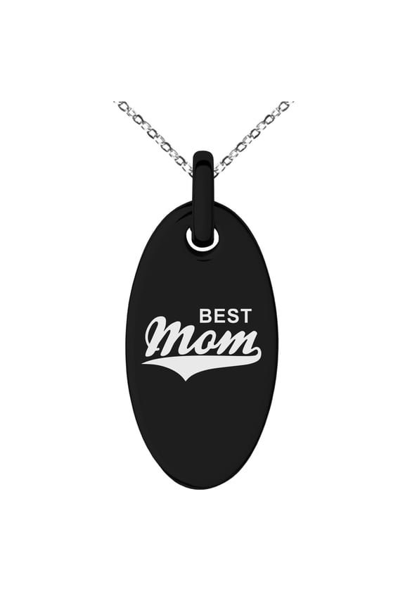 Black Stainless Steel Best Mom Small Oval Charm Pendant Necklace