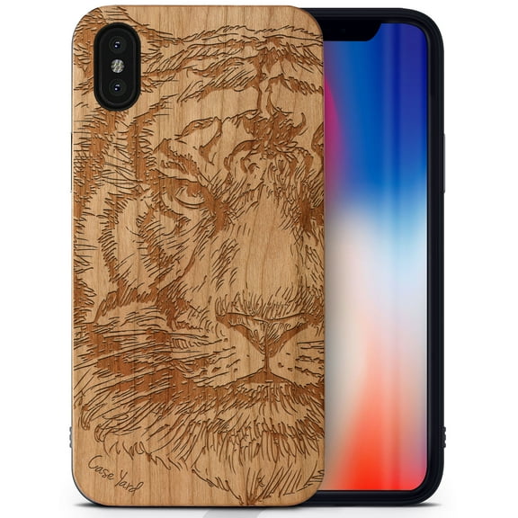 Case Yard Wooden Case Outside Soft TPU Silicone, Slim Fit Shockproof Wood Protective Phone Cover for Girls Boys Men and Women, Supports Wireless Charging Tiger Sketch Design case for iPhone-XS-Max