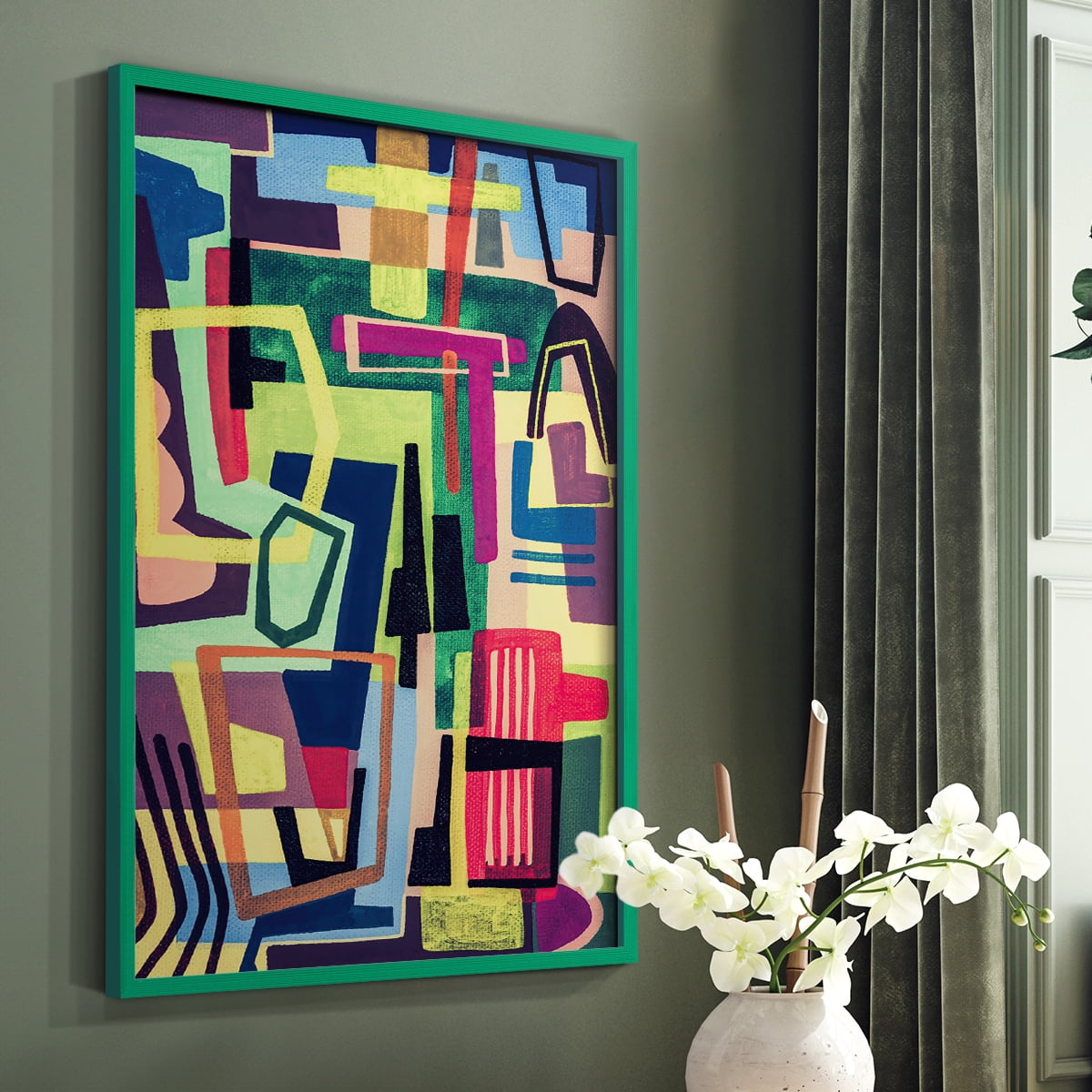 Connected Colors I Framed Print in Green Solid Wood Framed Print No Nail Hanging