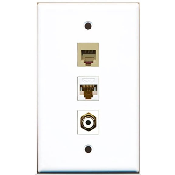RiteAV - 1 Port RCA White and 1 Port Phone RJ11 RJ12 Beige and 1 Port Cat6 Ethernet White Wall Plate
