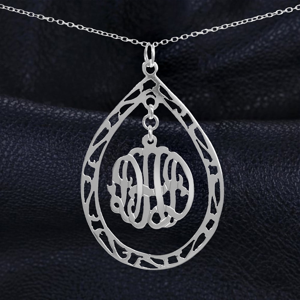 Personalized Teardrop Pendant Monogram Necklace in Sterling Silver or 14K Gold Plated Sterling Silver