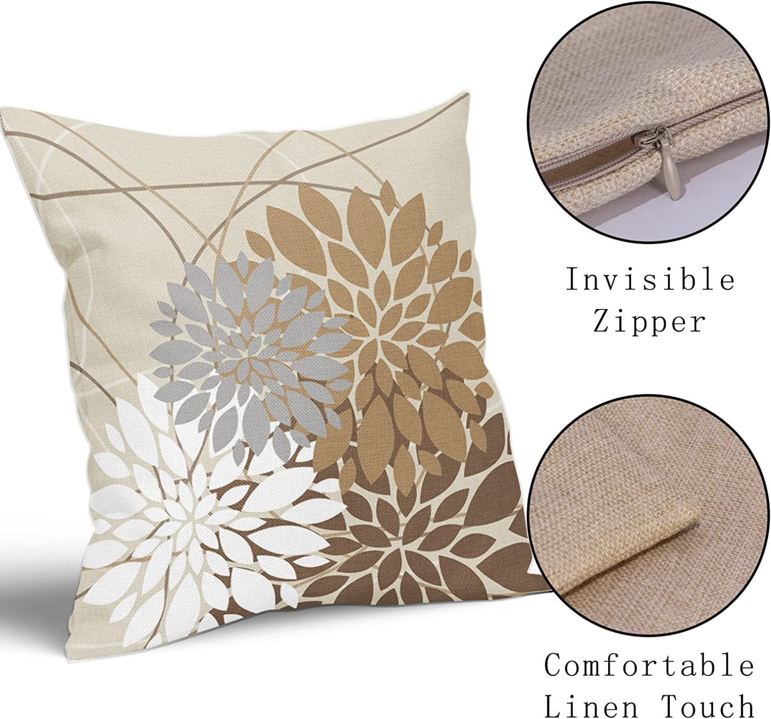 Brown Gray Grey Pillow Covers 16x16 Inch Dahlia Flower Decorative Throw Pillows Modern Geometry Floral Outdoor Farmhouse Pillowcase Linen Square Cushion Case Decor for Home Sofa Couch Bed, Set of 2