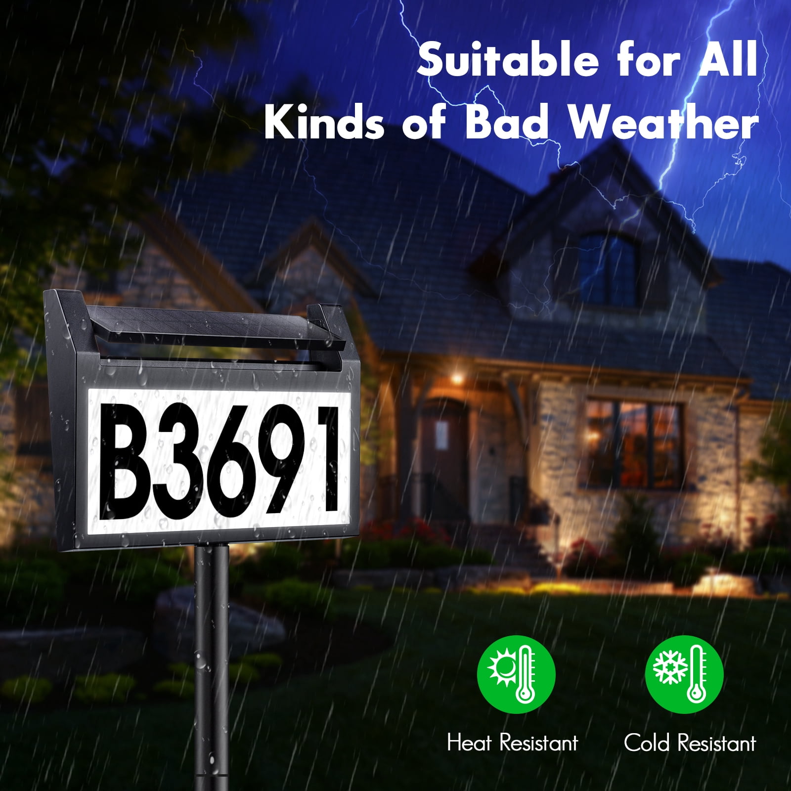 DEERDANCE Solar Address Sign Lighted House Numbers Waterproof, Solar Powered LED Illuminated Address Plaques with Stakes, 3-Color in 1 Address Number