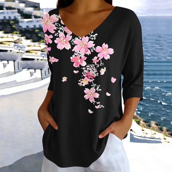 Uootdi Womens T Shirts V Neck Cherry Blossom Floral Print 3/4 Sleeve Curved Hem Loose Fit Tops Daily Outing Soft Drape Black Shirts Women