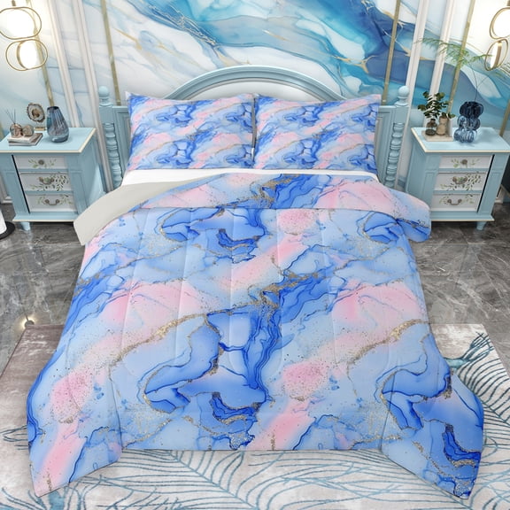Homewish Modern Fashion Marble Bedding Comforter Set, Blue Pink Marbling Abstract Twin Comforter Sets, Teens Adult Men Female Reversible Bedding Set, Breathable Home Decor, 2pcs