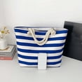 thumbnail image 5 of Hvmvliv Women Striped Canvas Beach Bag,Large Capacity Casual Tote Handbag and Shoulder Bag,Reusable Beach Purse for Beach,Travel,Shopping,Size 13.8X13in Blue, 5 of 9