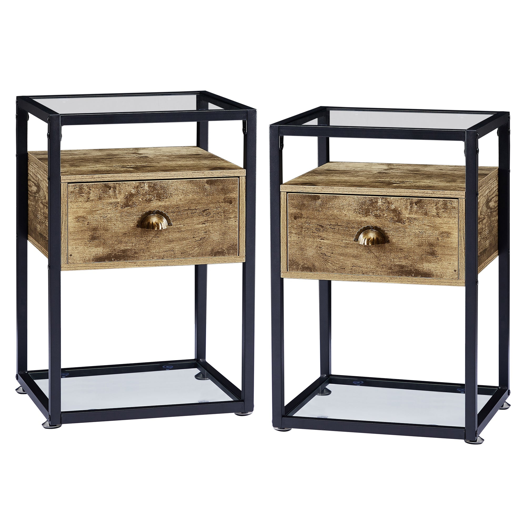 VECELO Set of 2 Tempered Glass Top Nightstand with Drawer, Industrial