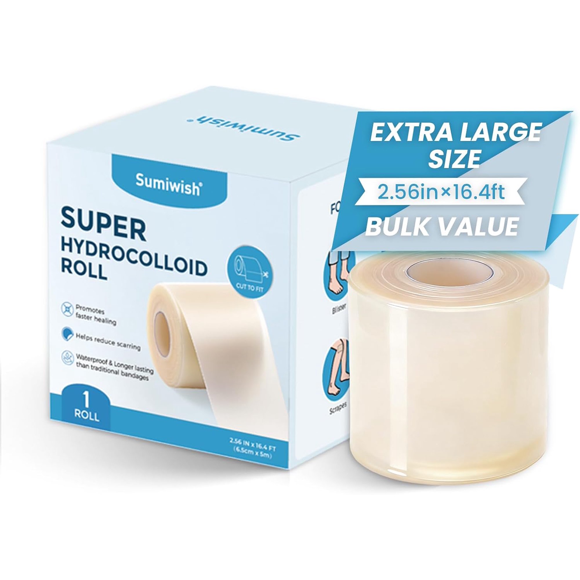 Sumiwish Hydrocolloid Bandage Roll, Waterproof Self-Adhesive, 2.56" x 16.4ft, Cut-to-Size for Blisters